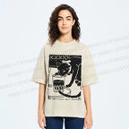 Unisex Vintage Cat Drinking Graffiti Printed Washed Tee