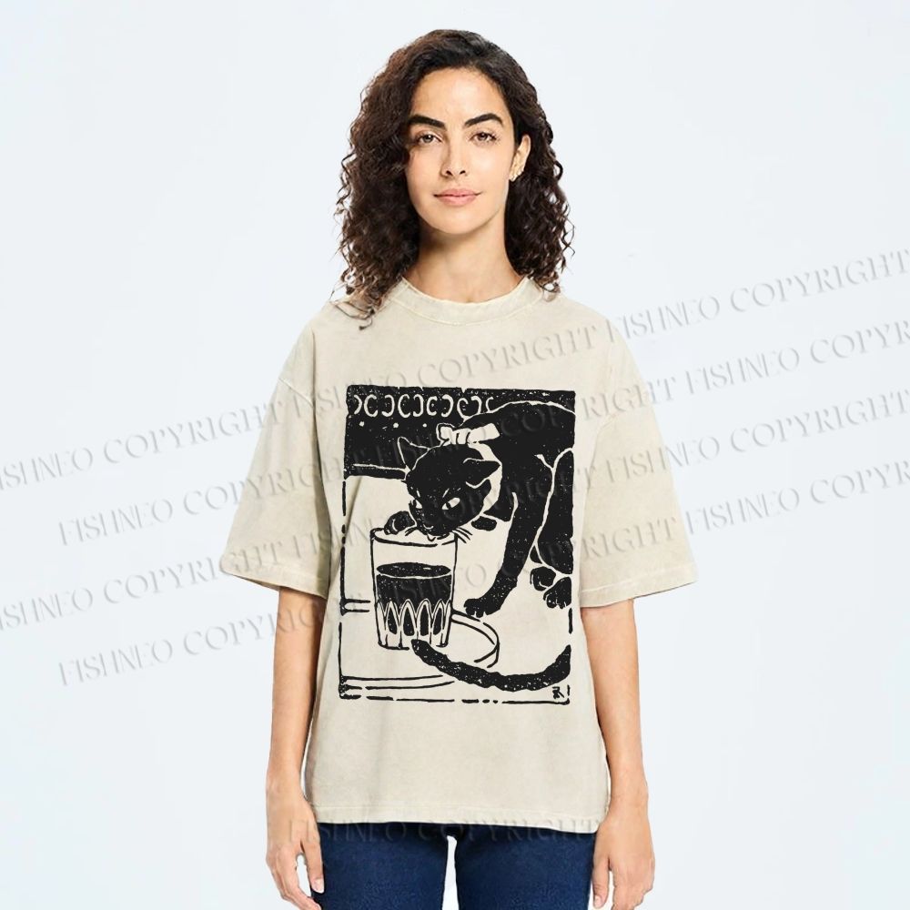 Unisex Vintage Cat Drinking Graffiti Printed Washed Tee