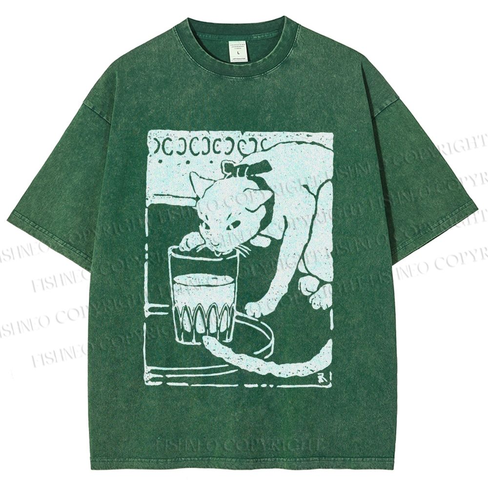Unisex Vintage Cat Drinking Graffiti Printed Washed Tee