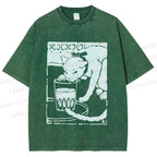 Unisex Vintage Cat Drinking Graffiti Printed Washed Tee