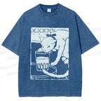 Unisex Vintage Cat Drinking Graffiti Printed Washed Tee