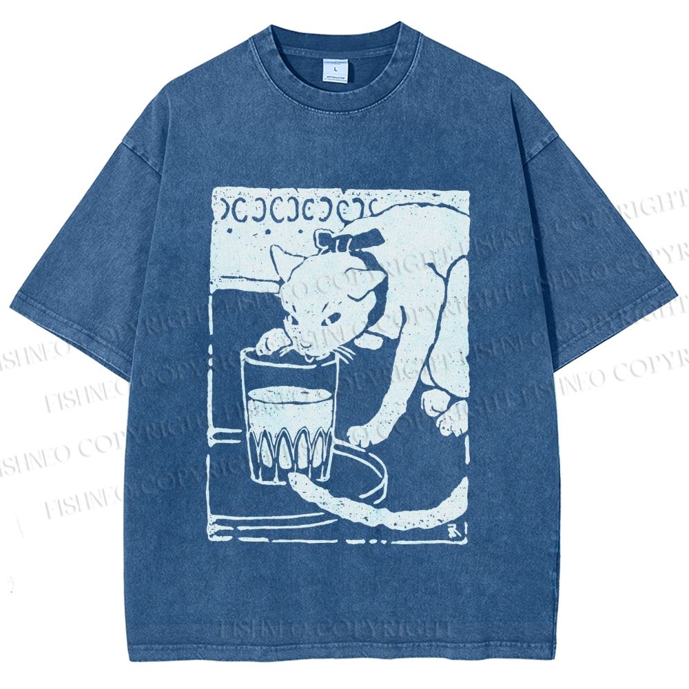 Unisex Vintage Cat Drinking Graffiti Printed Washed Tee