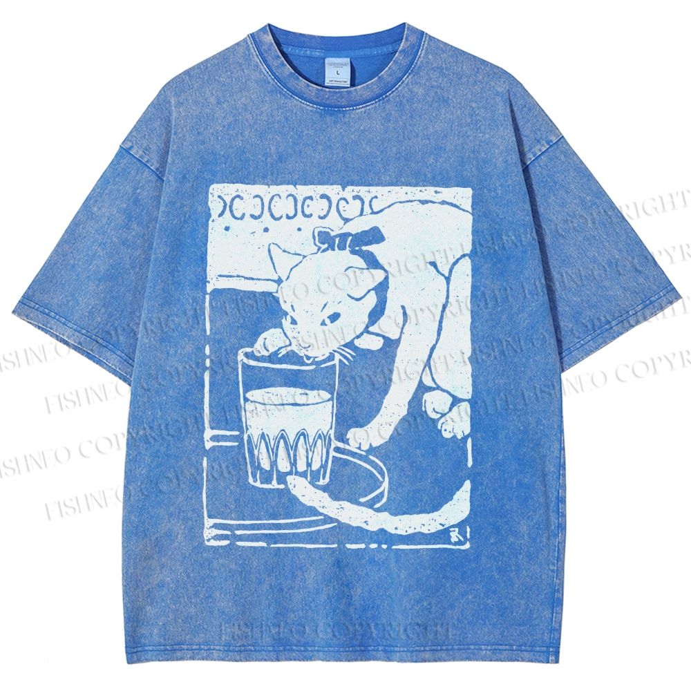 Unisex Vintage Cat Drinking Graffiti Printed Washed Tee