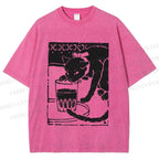 Unisex Vintage Cat Drinking Graffiti Printed Washed Tee