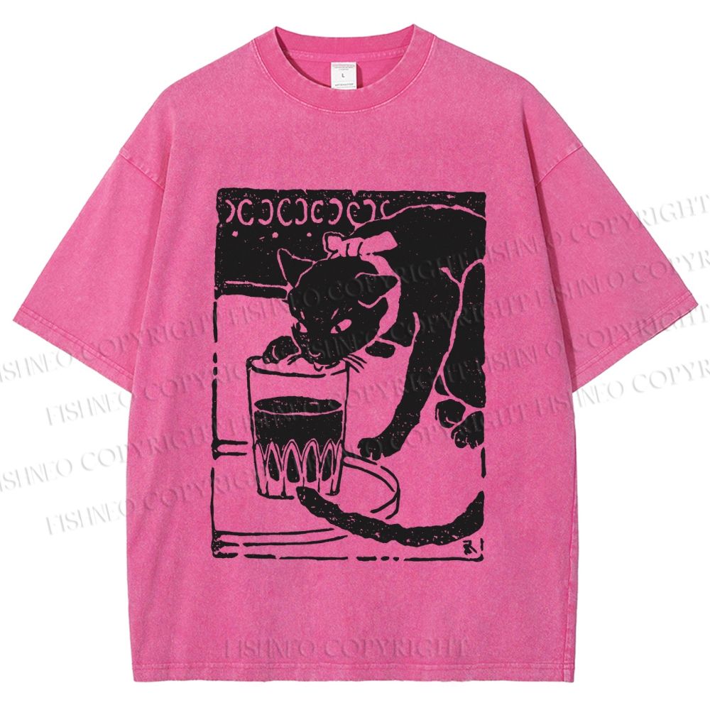 Unisex Vintage Cat Drinking Graffiti Printed Washed Tee