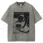 Unisex Vintage Cat Drinking Graffiti Printed Washed Tee
