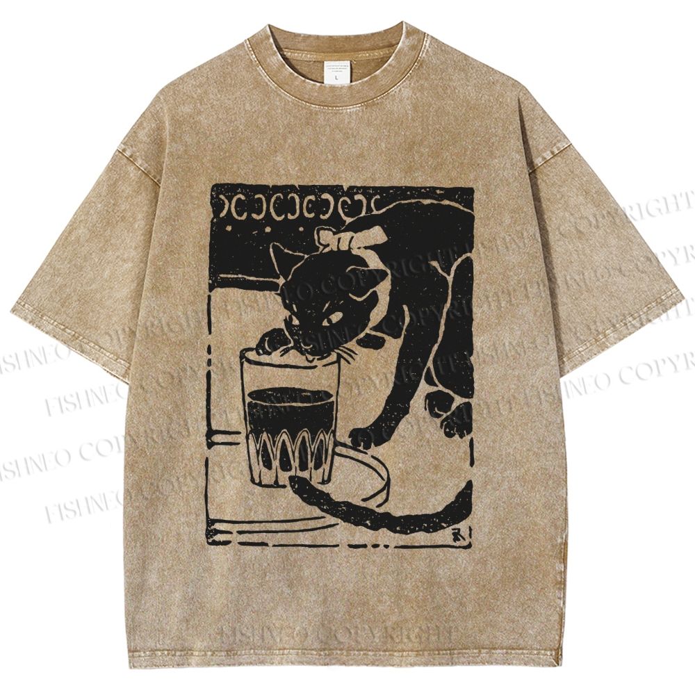 Unisex Vintage Cat Drinking Graffiti Printed Washed Tee