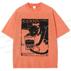 Unisex Vintage Cat Drinking Graffiti Printed Washed Tee