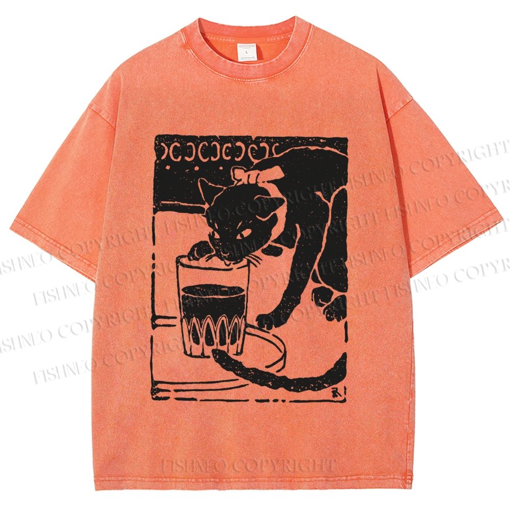 Unisex Vintage Cat Drinking Graffiti Printed Washed Tee