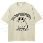 Unisex Angry Cat No Bad Thoughts Printed Washed Tee