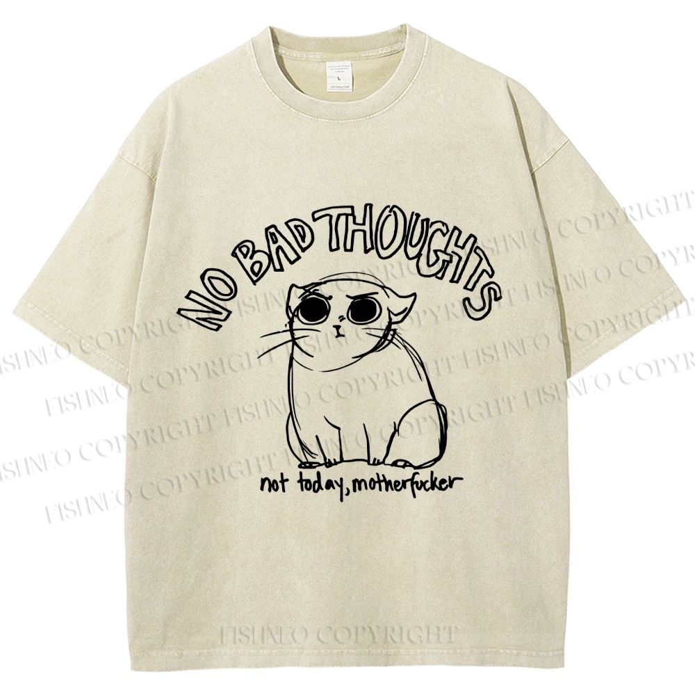 Unisex Angry Cat No Bad Thoughts Printed Washed Tee