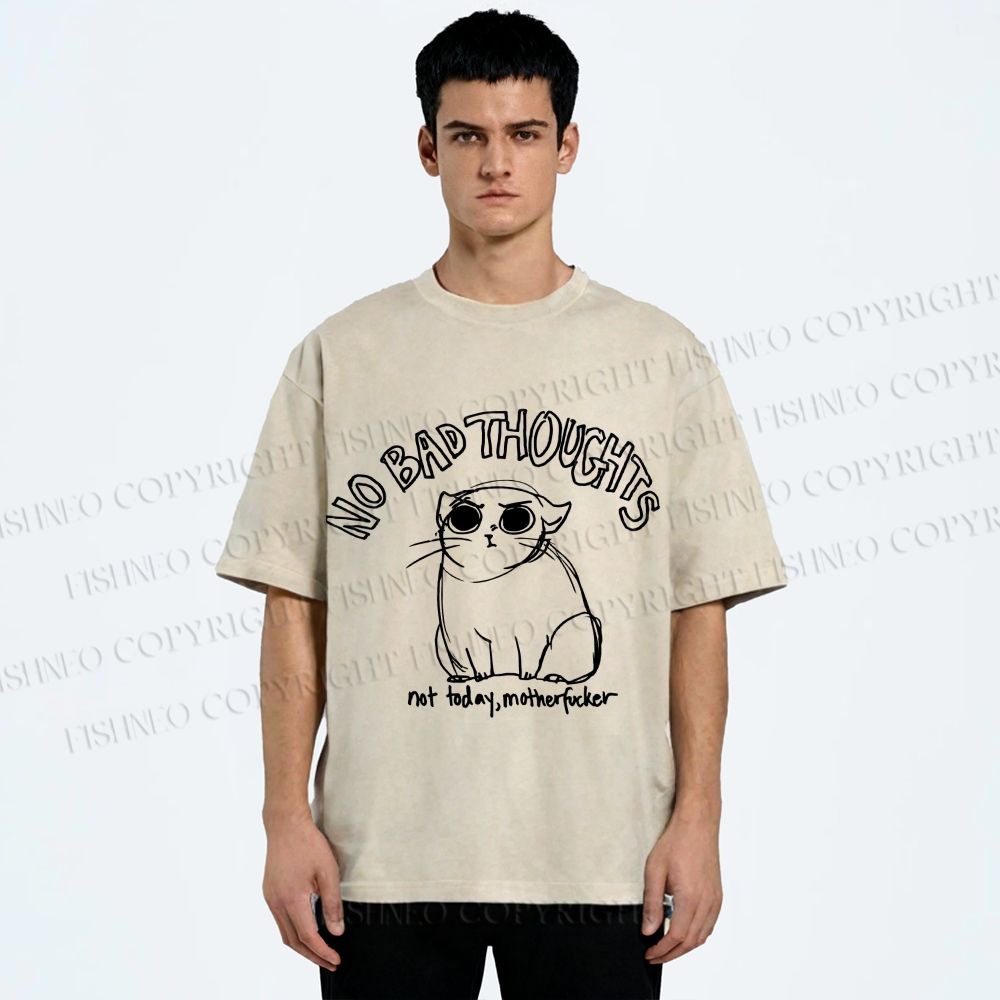 Unisex Angry Cat No Bad Thoughts Printed Washed Tee