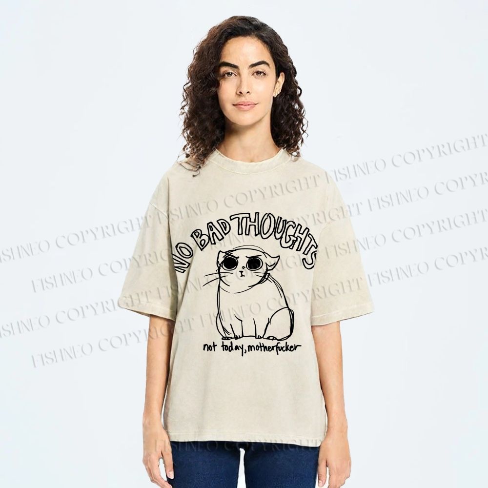 Unisex Angry Cat No Bad Thoughts Printed Washed Tee