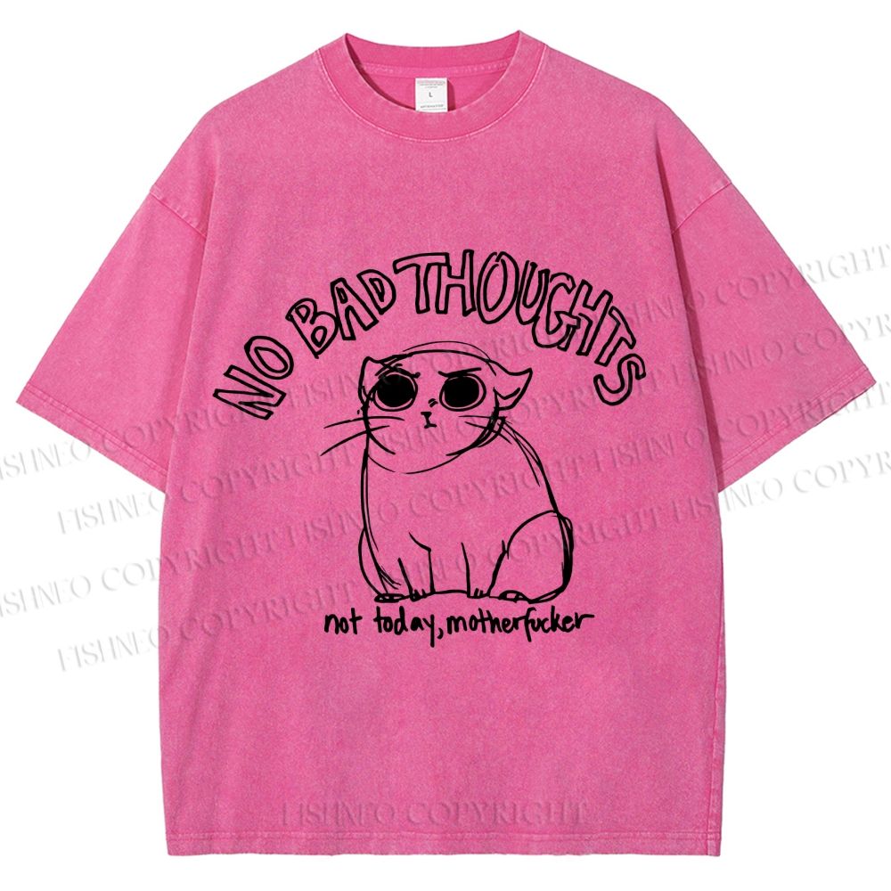 Unisex Angry Cat No Bad Thoughts Printed Washed Tee