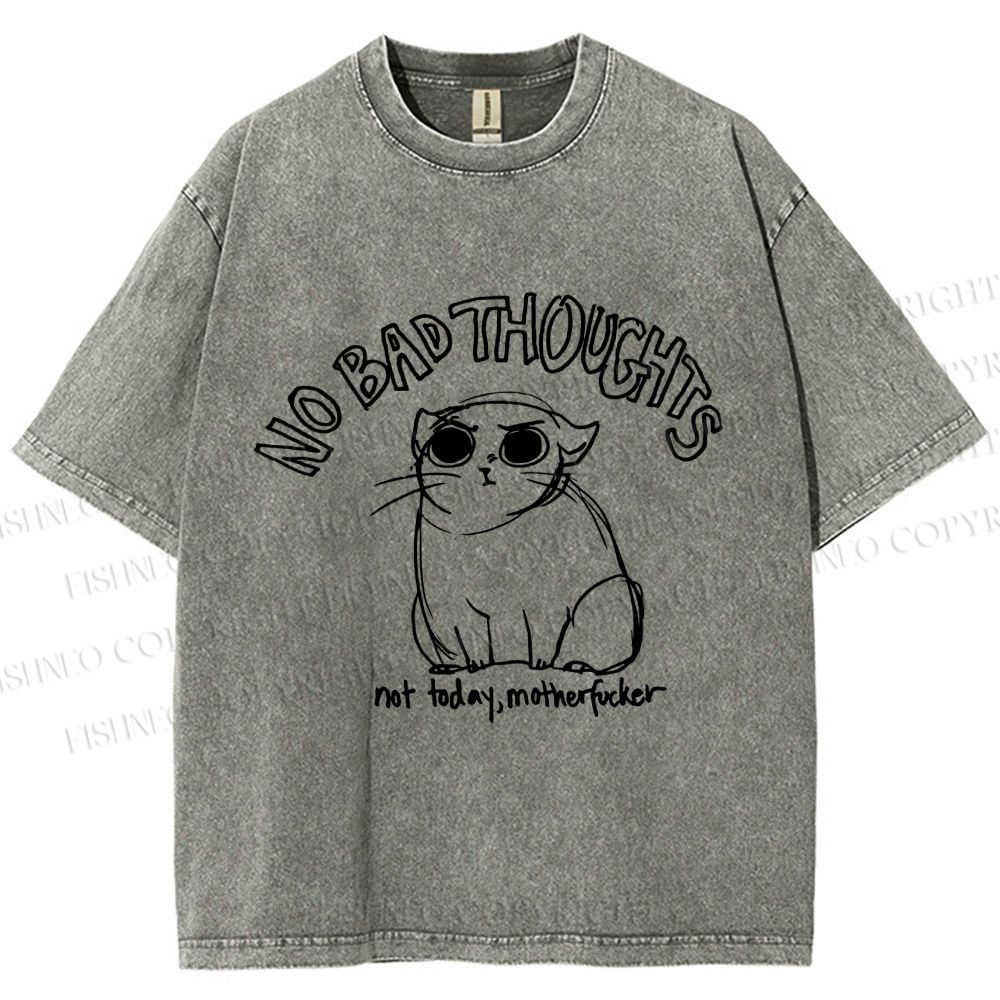 Unisex Angry Cat No Bad Thoughts Printed Washed Tee