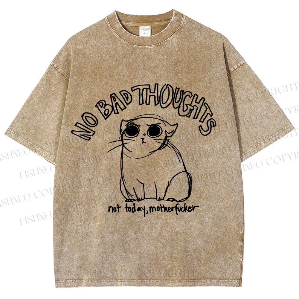 Unisex Angry Cat No Bad Thoughts Printed Washed Tee