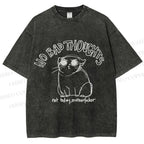 Unisex Angry Cat No Bad Thoughts Printed Washed Tee