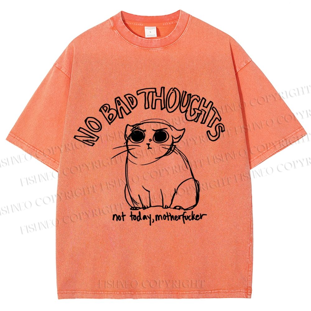 Unisex Angry Cat No Bad Thoughts Printed Washed Tee