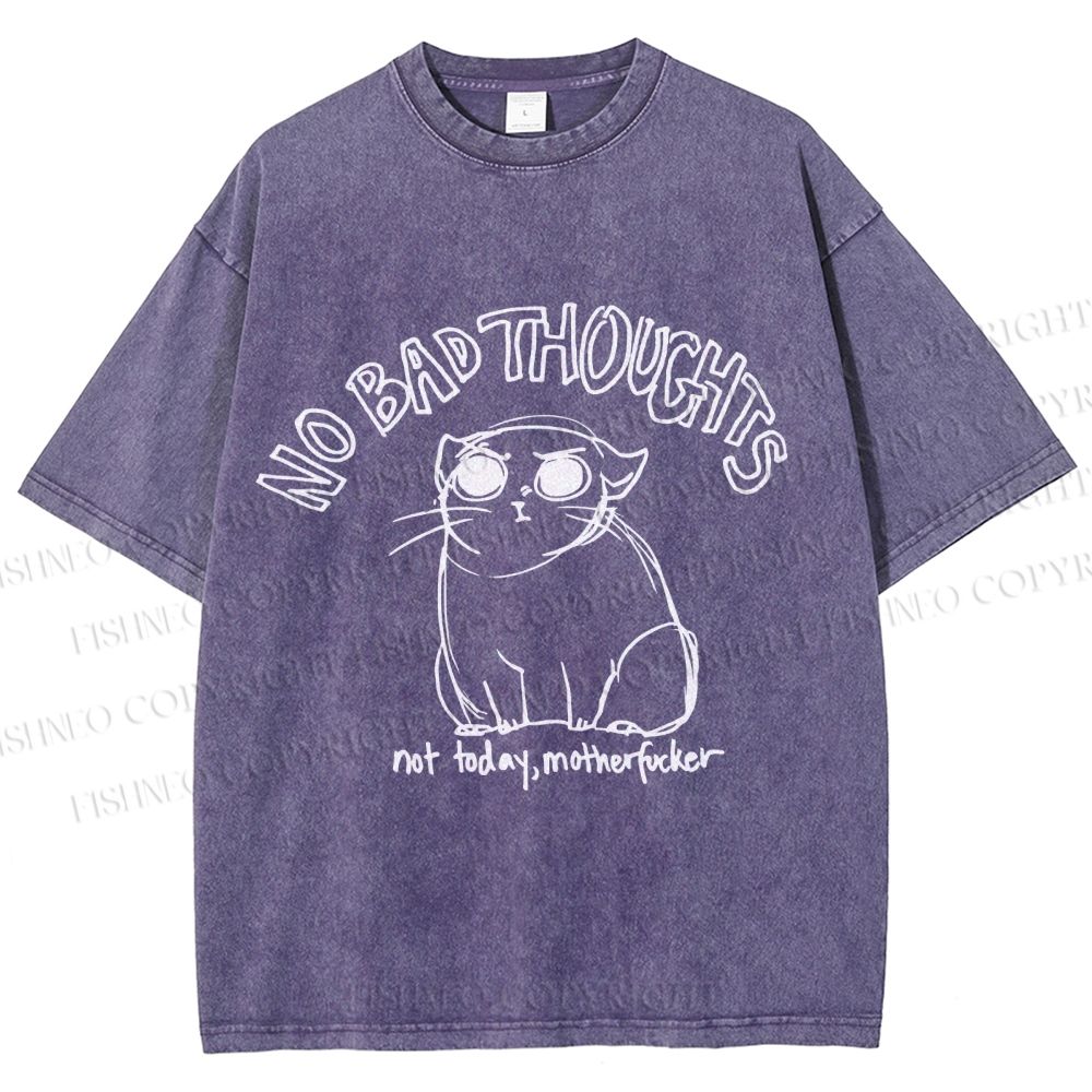 Unisex Angry Cat No Bad Thoughts Printed Washed Tee