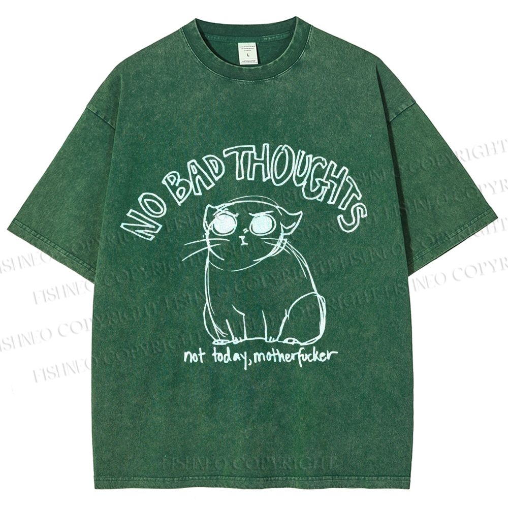 Unisex Angry Cat No Bad Thoughts Printed Washed Tee