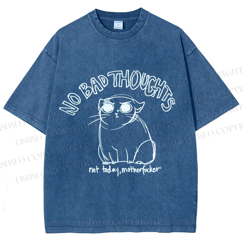 Unisex Angry Cat No Bad Thoughts Printed Washed Tee