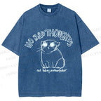 Unisex Angry Cat No Bad Thoughts Printed Washed Tee