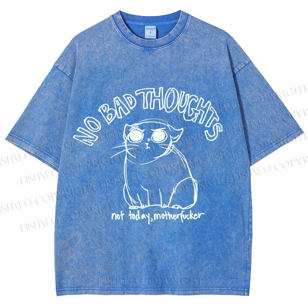 Unisex Angry Cat No Bad Thoughts Printed Washed Tee