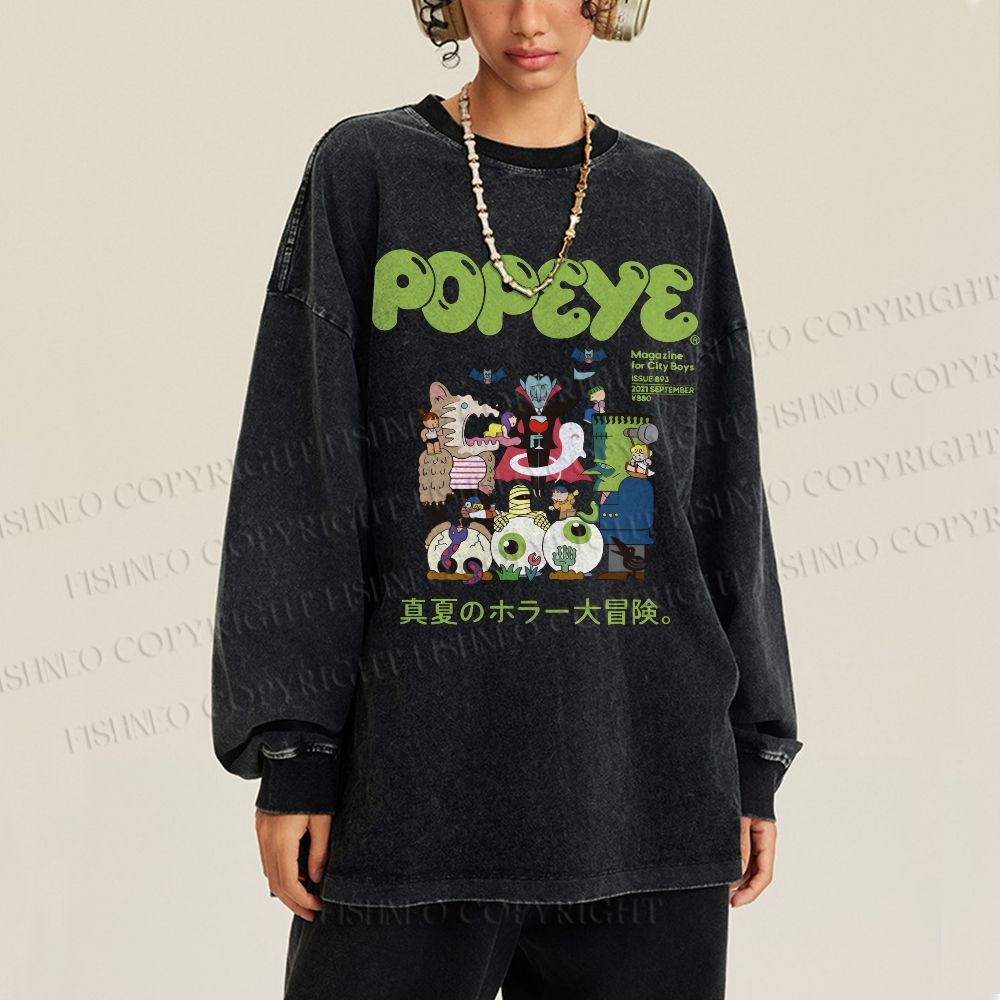 Unisex Casual Washed Popeye Japanese Graffiti Printed Long Sleeve T-shirt