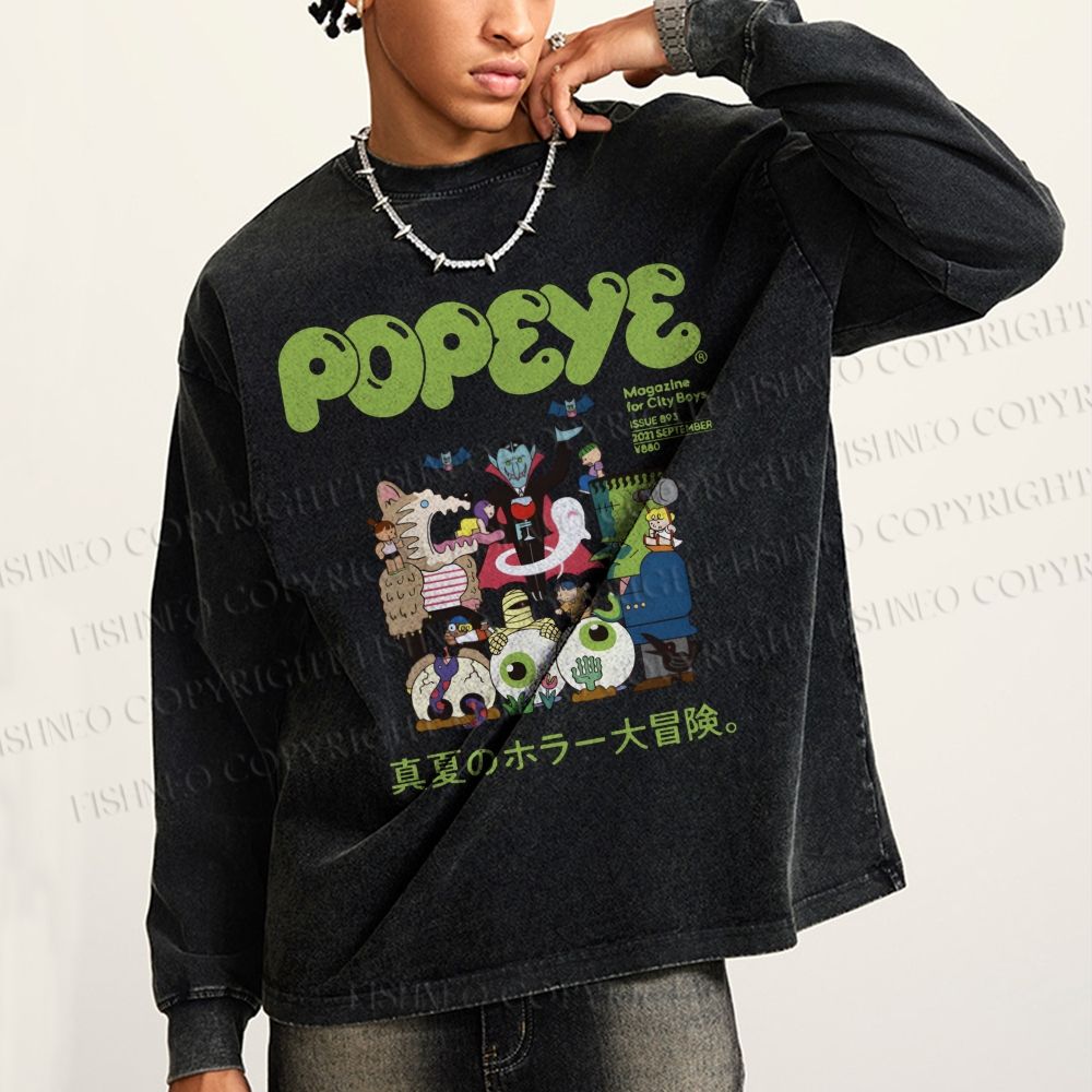 Unisex Casual Washed Popeye Japanese Graffiti Printed Long Sleeve T-shirt