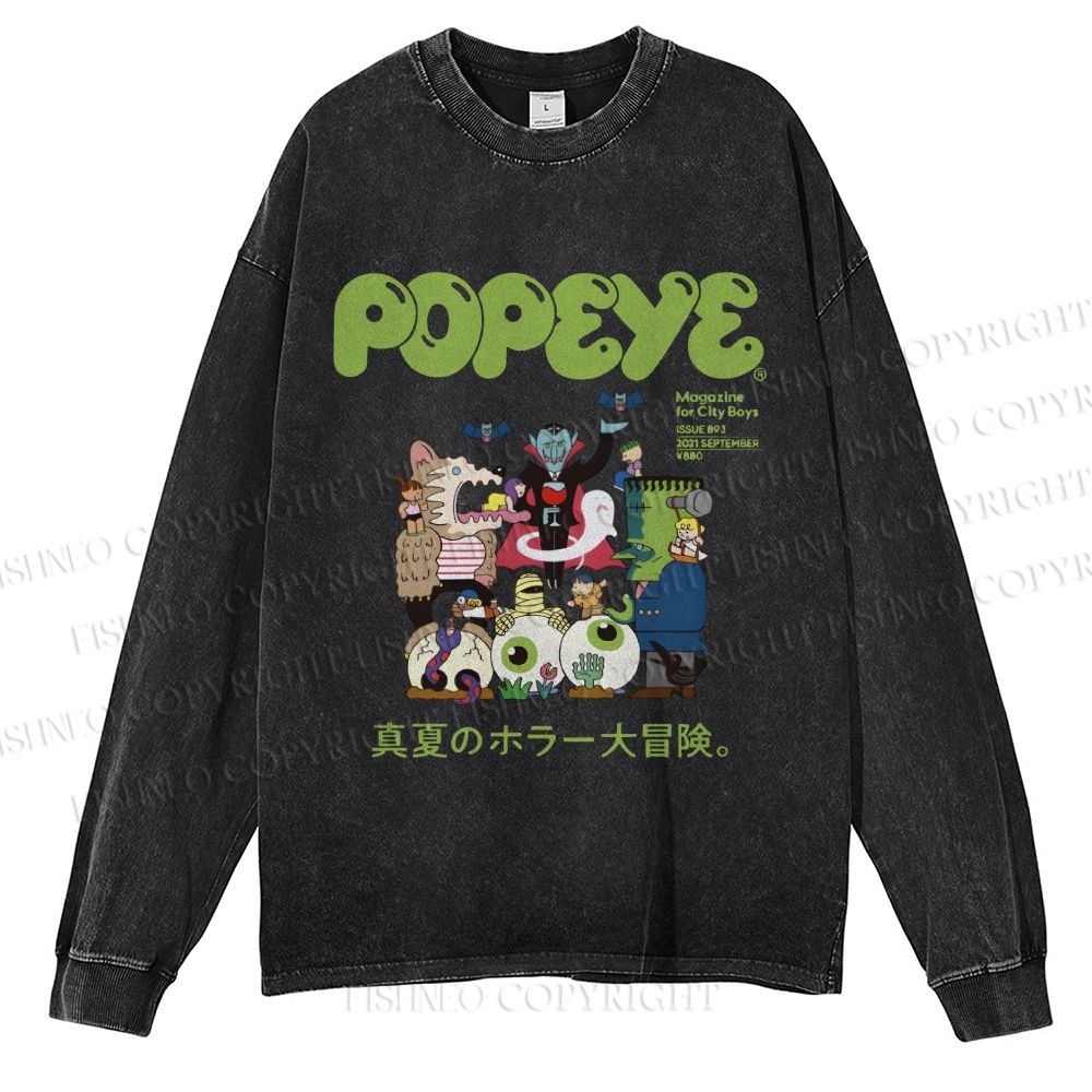 Unisex Casual Washed Popeye Japanese Graffiti Printed Long Sleeve T-shirt