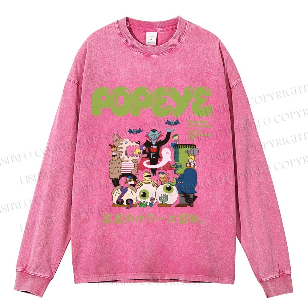Unisex Casual Washed Popeye Japanese Graffiti Printed Long Sleeve T-shirt