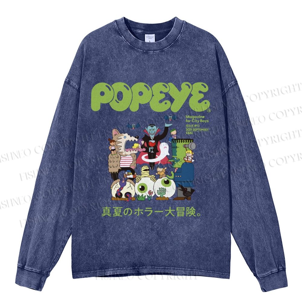 Unisex Casual Washed Popeye Japanese Graffiti Printed Long Sleeve T-shirt