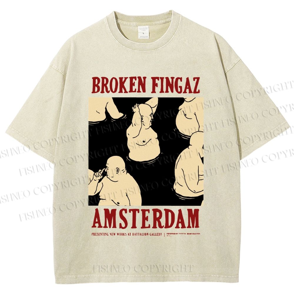 Unisex Broken Fingaz In Amsterdam Sumo Man Graffiti Printed Washed Tee