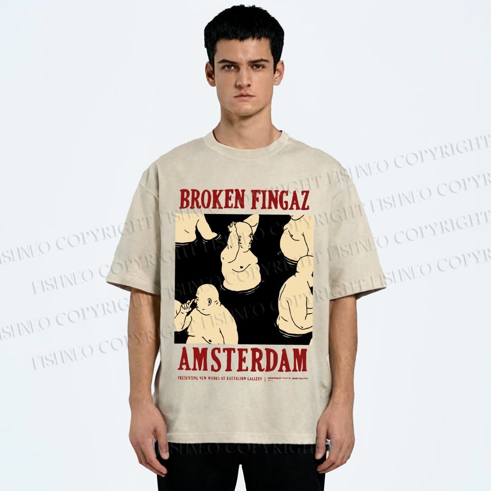 Unisex Broken Fingaz In Amsterdam Sumo Man Graffiti Printed Washed Tee