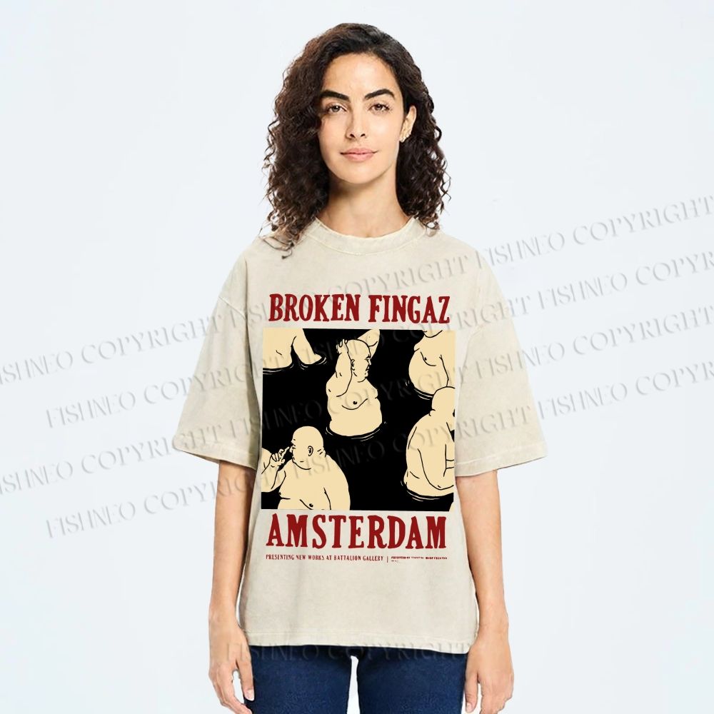 Unisex Broken Fingaz In Amsterdam Sumo Man Graffiti Printed Washed Tee