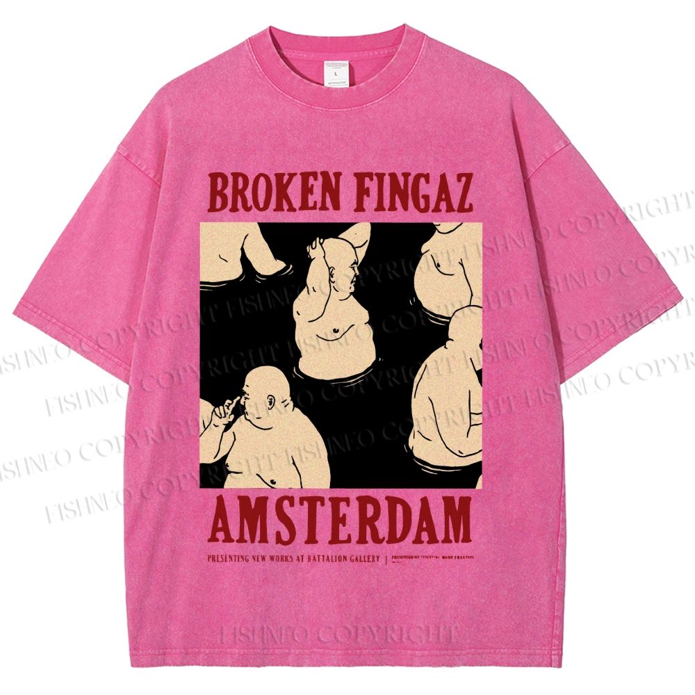 Unisex Broken Fingaz In Amsterdam Sumo Man Graffiti Printed Washed Tee