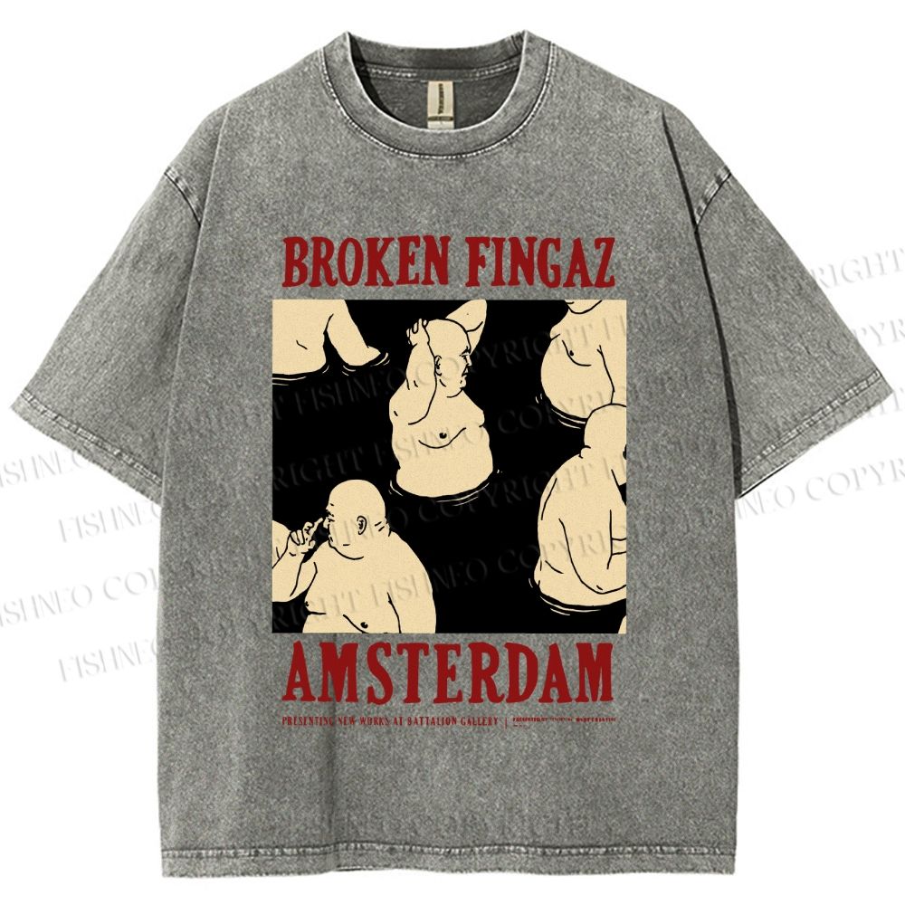 Unisex Broken Fingaz In Amsterdam Sumo Man Graffiti Printed Washed Tee