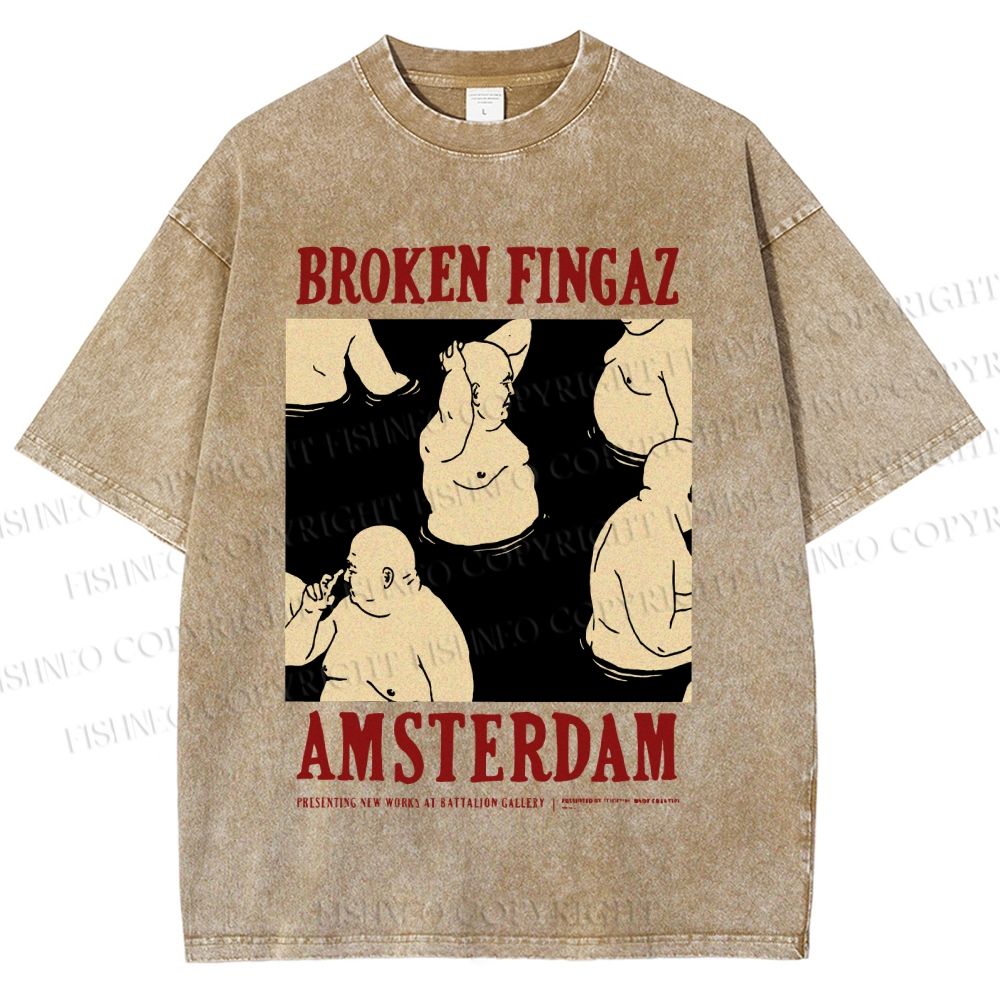 Unisex Broken Fingaz In Amsterdam Sumo Man Graffiti Printed Washed Tee