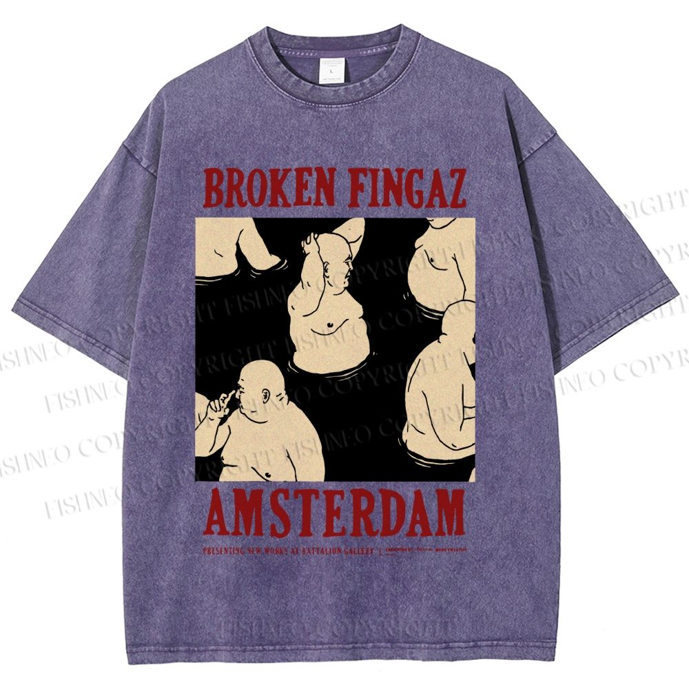 Unisex Broken Fingaz In Amsterdam Sumo Man Graffiti Printed Washed Tee