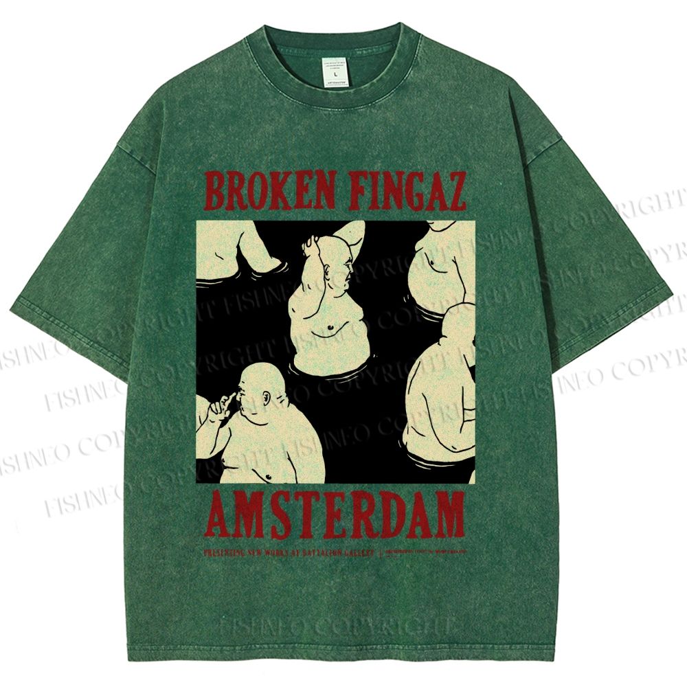 Unisex Broken Fingaz In Amsterdam Sumo Man Graffiti Printed Washed Tee
