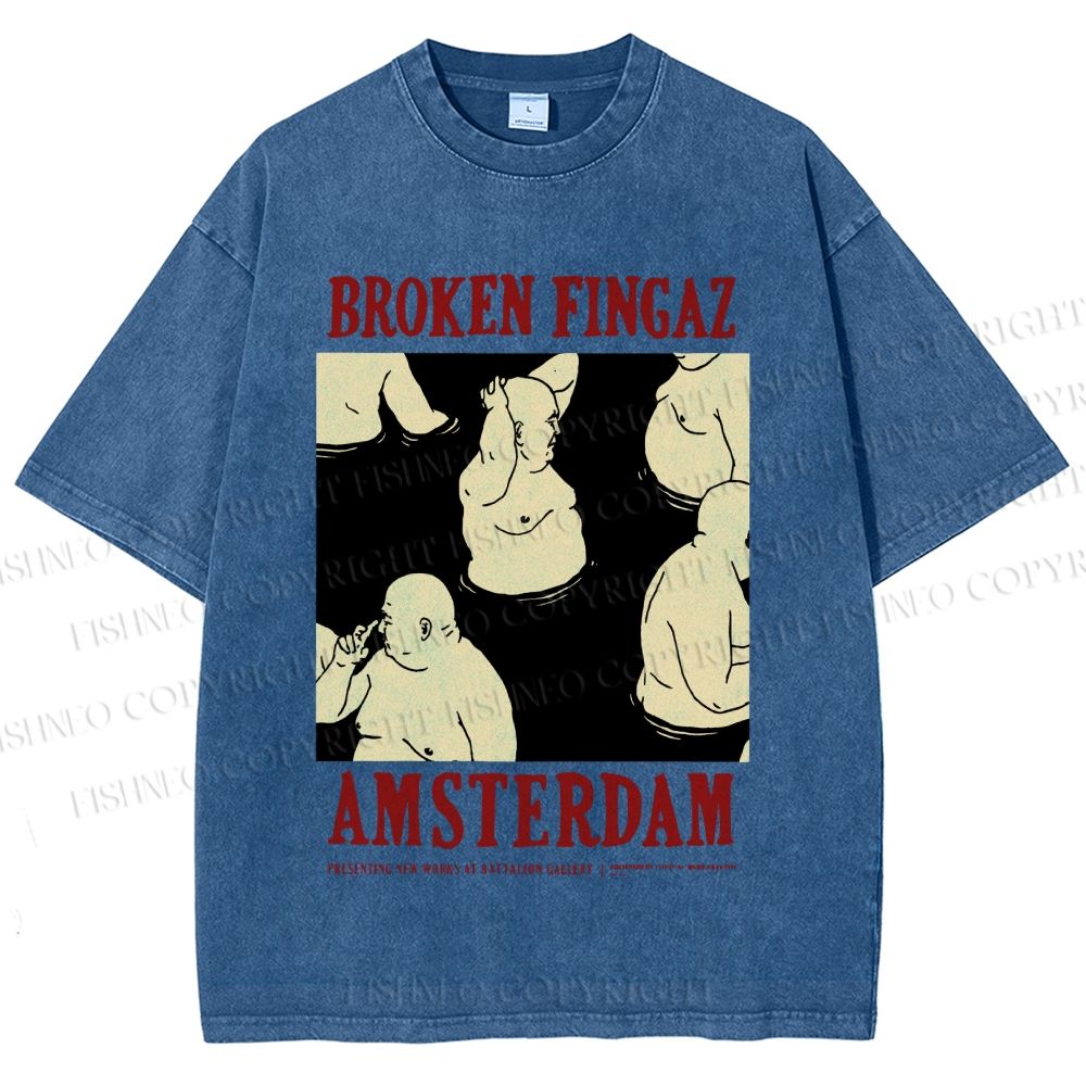 Unisex Broken Fingaz In Amsterdam Sumo Man Graffiti Printed Washed Tee