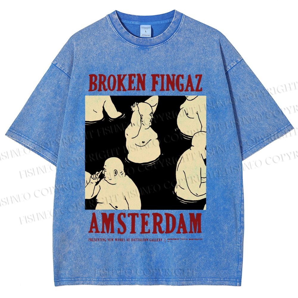 Unisex Broken Fingaz In Amsterdam Sumo Man Graffiti Printed Washed Tee