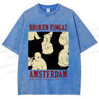 Unisex Broken Fingaz In Amsterdam Sumo Man Graffiti Printed Washed Tee