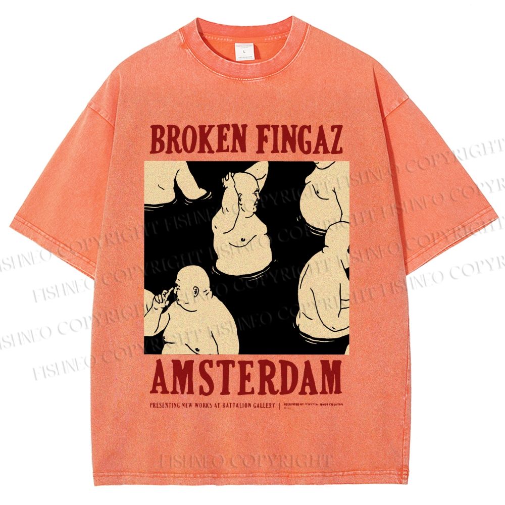 Unisex Broken Fingaz In Amsterdam Sumo Man Graffiti Printed Washed Tee