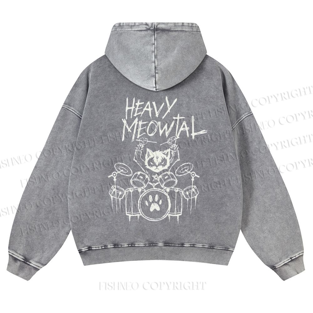 Casual Heavy Meowtal Printed Washed Hoodie