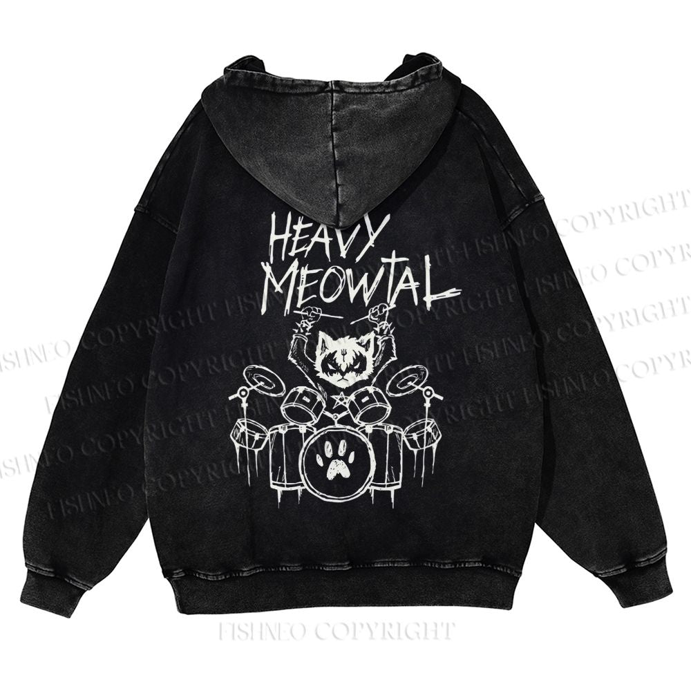 Casual Heavy Meowtal Printed Washed Hoodie