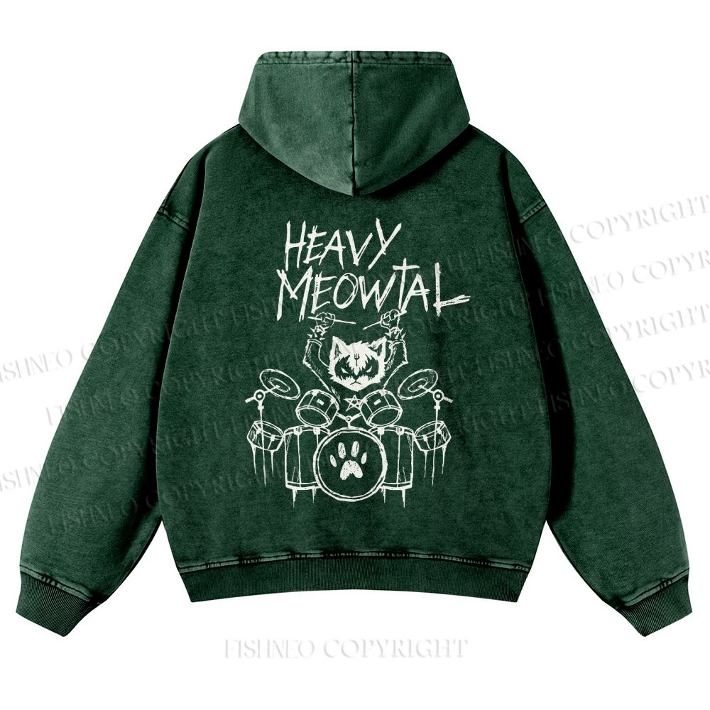 Casual Heavy Meowtal Printed Washed Hoodie