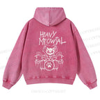 Casual Heavy Meowtal Printed Washed Hoodie
