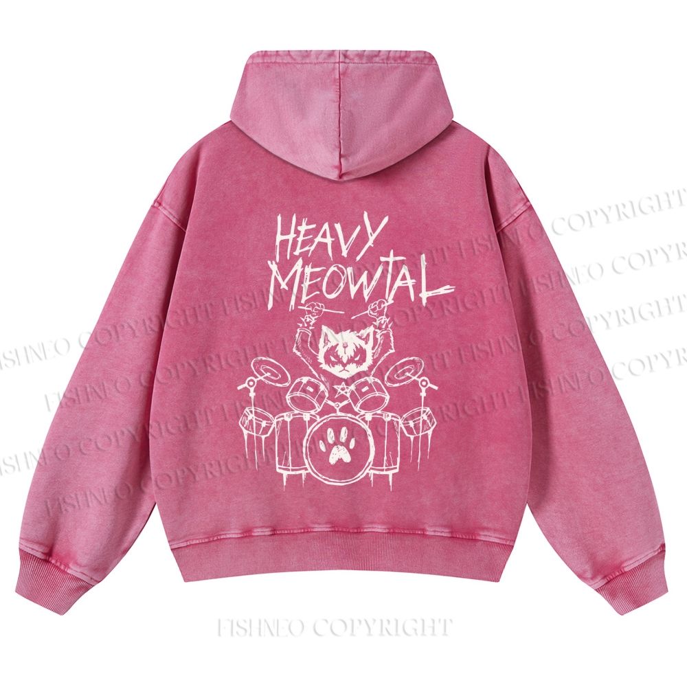 Casual Heavy Meowtal Printed Washed Hoodie