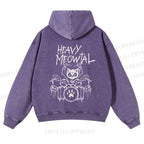 Casual Heavy Meowtal Printed Washed Hoodie
